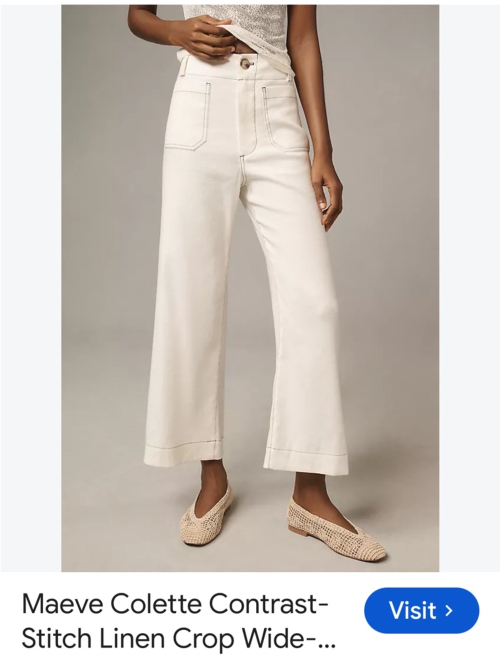 Anthropologie Maeve Colette Contrast-Stitch Crop Wide-Leg Pants in Cream 30
